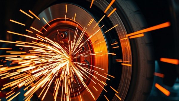 Close-up of glowing car brake with sparks in a workshop