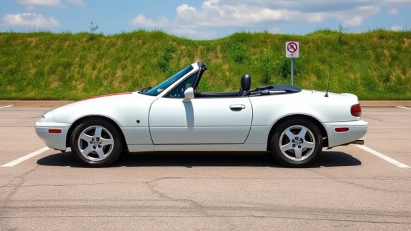 Restoring a 1990 Mazda Miata parked with red stripe in parking lot.