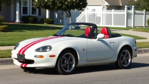 White Miata parked outdoors with red stripe in sunlight.