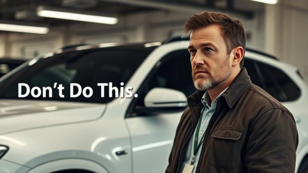 Concerned man with SUV in a garage highlighting bad habits that destroy your car.