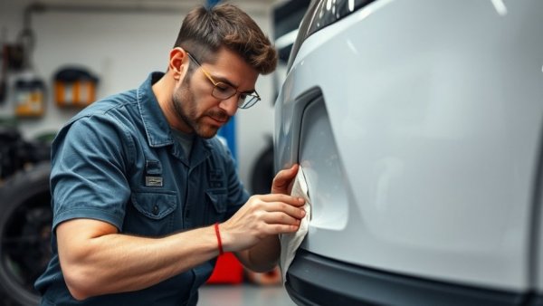 Mechanic removing paint transfer from car bumper in workshop.