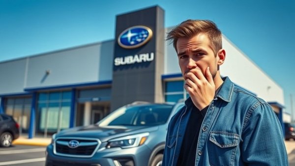 Frustrated buyer at Subaru dealership with new SUV parked
