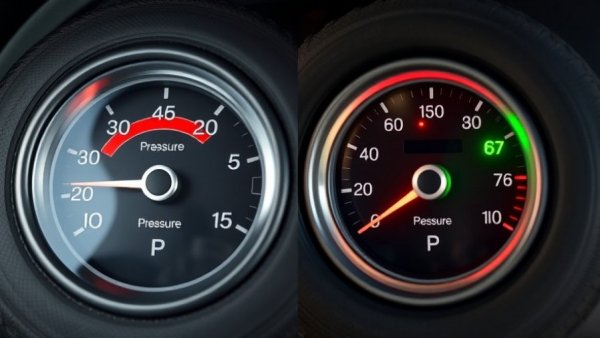 Split image showing tire pressure advice with gauges.