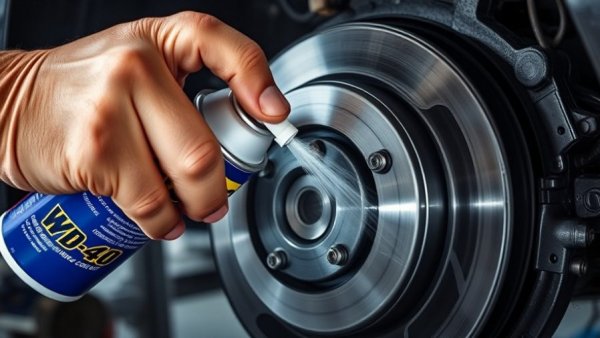 Hand sprays WD-40 on brake disk; avoid costly mistakes.