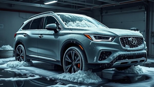 Sleek SUV being prepared for winter with a snow foam wash.