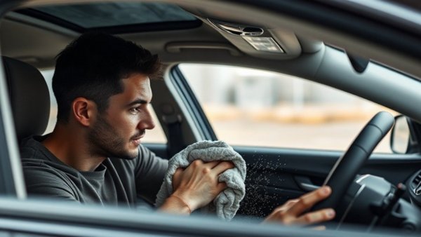 Vehicle interior being cleaned thoroughly by a focused man.