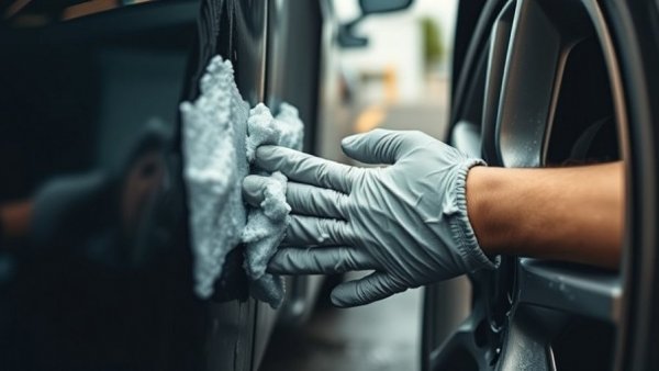 Close-up of wheel cleaning with gloves using soap, in driveway