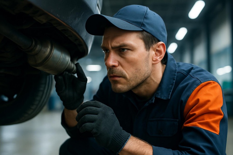 Auto repair shop security measures: mechanic inspecting car under bright lights.
