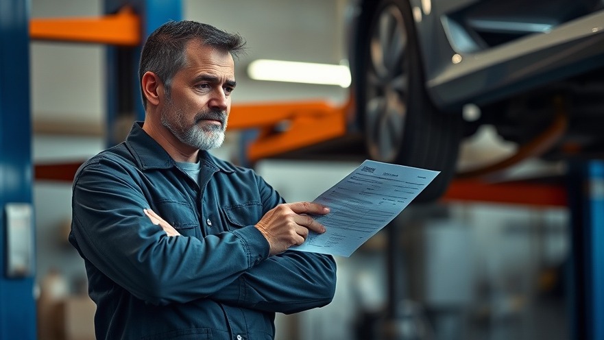 Concerned auto repair shop owner analyzing invoice, reflecting on auto repair pricing strategies.