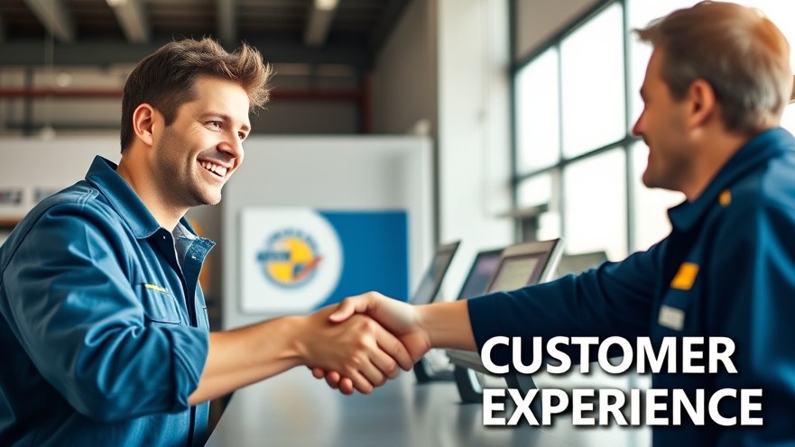 Happy mechanic shaking hands with a smiling customer, showcasing auto shop success metrics.