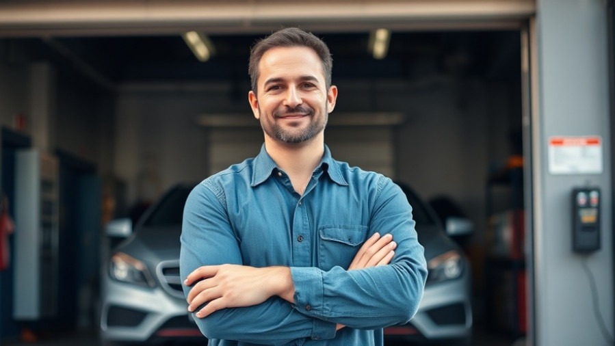 Confident auto repair shop owner embodies brand refresh amid clean garage setting.