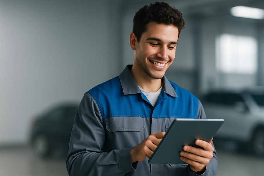 Confident technician enhancing customer satisfaction with digital inspections on a tablet.