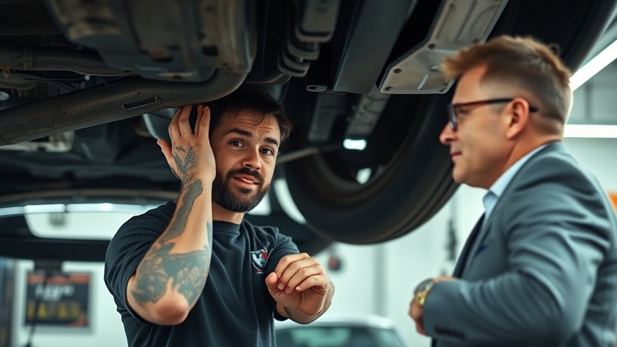 Tattooed mechanic focused on car repair in a bright auto shop, showcasing local SEO potential.