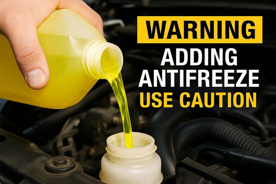 Close-up of yellow antifreeze being poured into a car reservoir, essential auto maintenance tips.