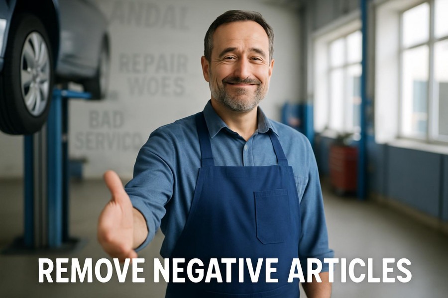 Confident auto repair shop owner welcomes customers, showcasing online reputation management.