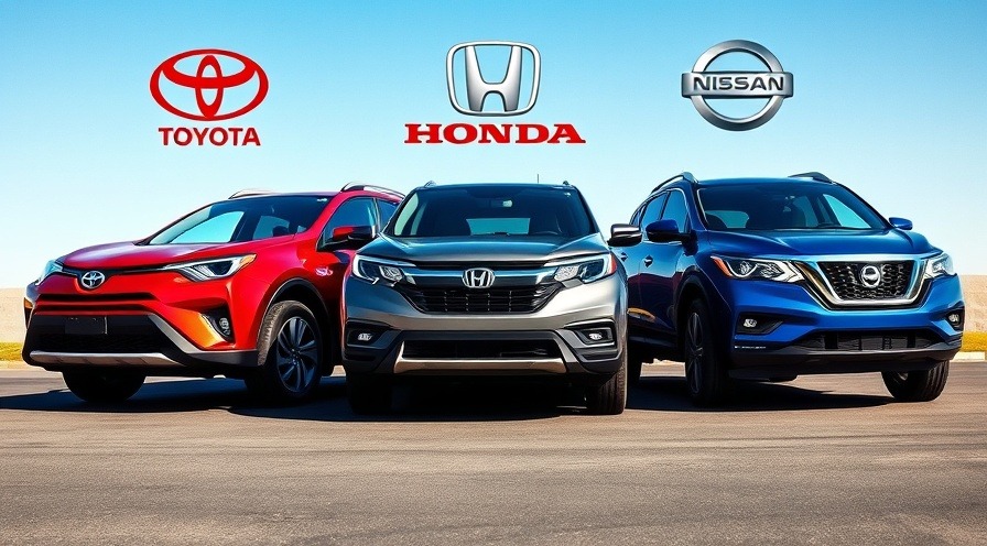 Comparison of Nissan Pathfinder, Honda Pilot, and Toyota Grand Highlander SUVs under clear skies.