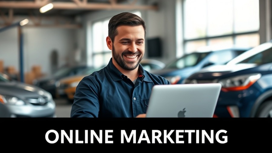 Confident auto repair shop owner using a laptop; showcasing effective local SEO strategies.