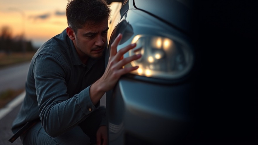 Driver inspecting cloudy headlight at dusk, emphasizing headlight replacement for driving safety.