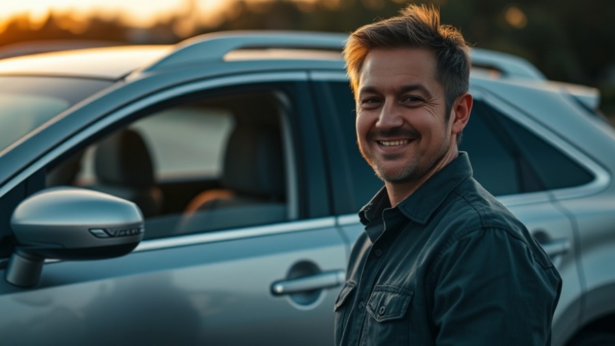 Happy driver next to a silver Toyota Venza, showcasing its value as an affordable crossover SUV.