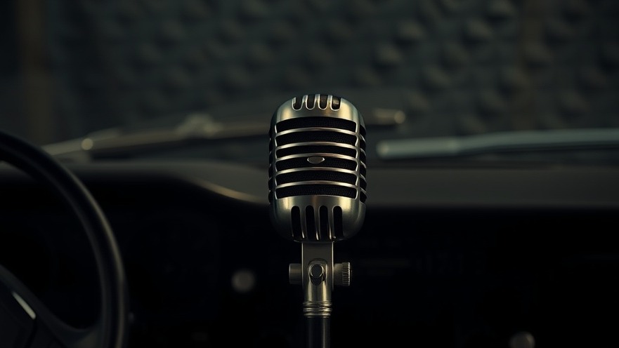 Classic vintage microphone on dark car dashboard, symbolizing customer retention in auto repair loyalty programs.