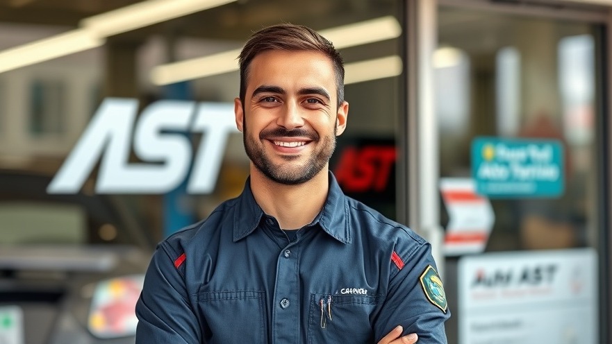 Smiling mechanic demonstrating Digital Vehicle Inspections at auto repair shop.