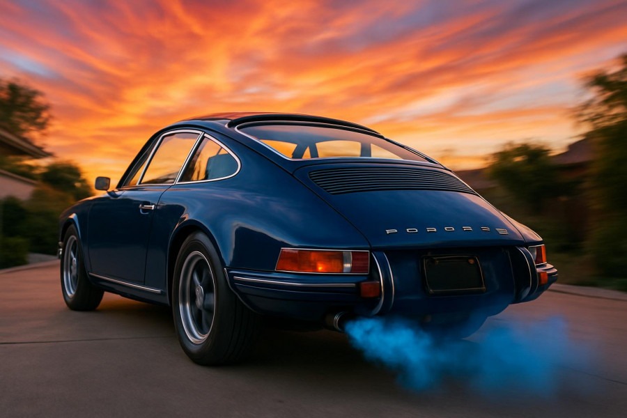 Classic dark blue Porsche showcasing automotive reliability, emitting blue smoke at sunset.