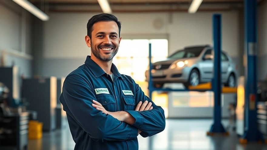 Confident auto shop owner smiles in a modern workshop, showcasing effective advertising.