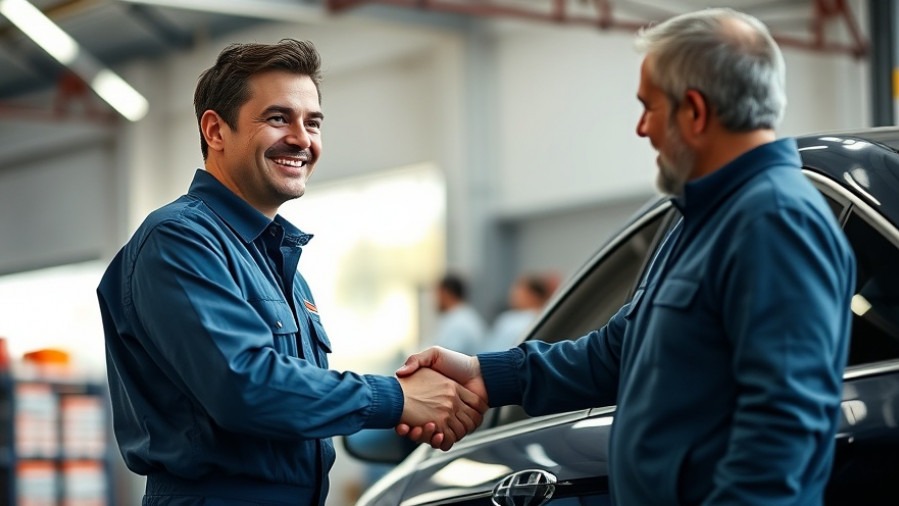 Smiling auto shop owner using customer loyalty strategies in a tidy workshop.