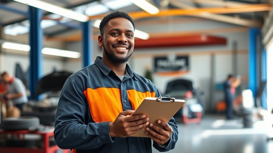 Confident auto shop owner showcases effective marketing strategies for auto repair.