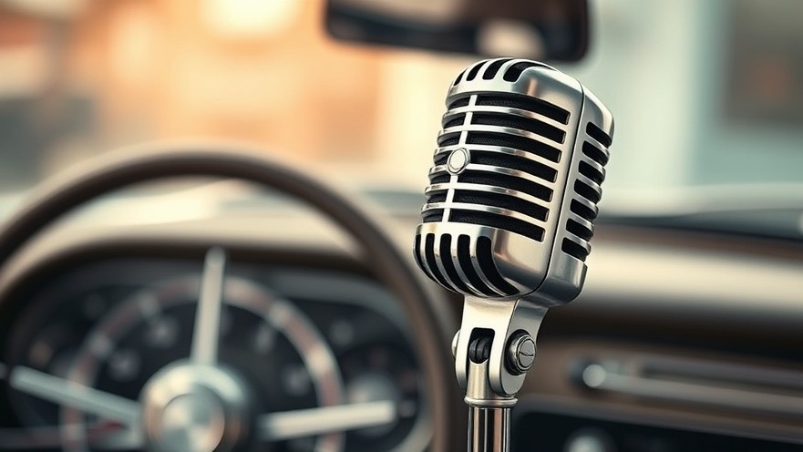 Retro microphone in front of a blurred vintage car dashboard, showcasing automotive customer trust.