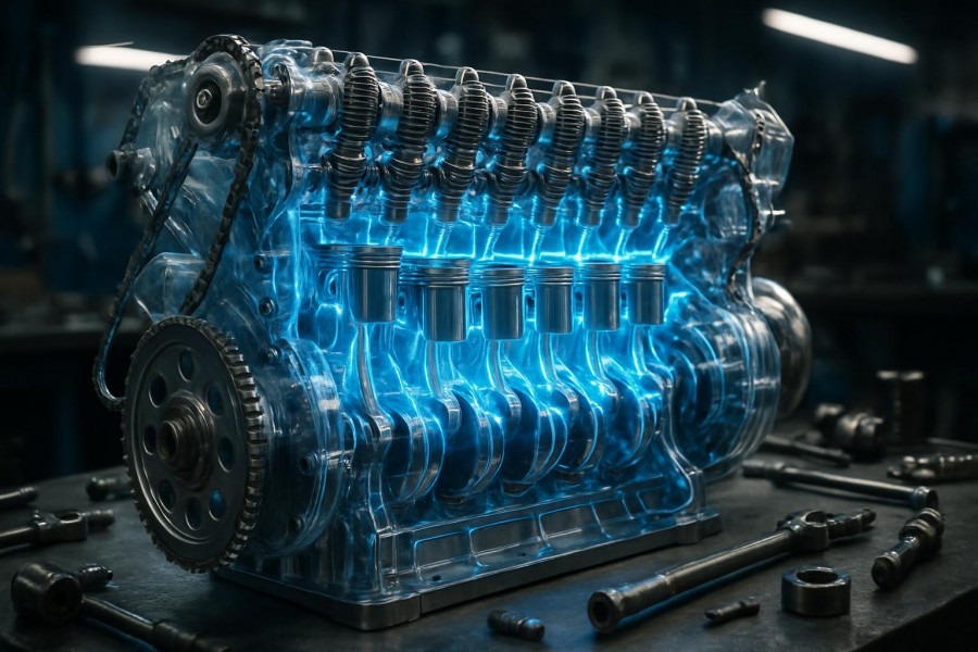 Photorealistic inline six-cylinder car engine highlighting engine performance and fuel efficiency.