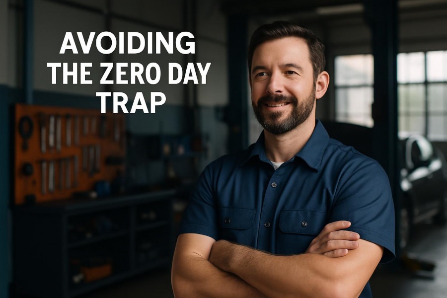 Confident auto repair shop owner promoting innovation in automotive repair.