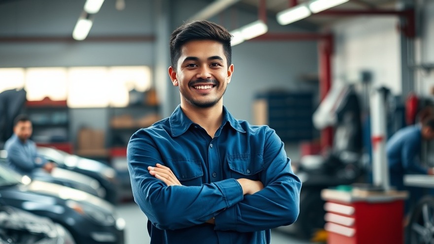Young auto mechanic in a bright workshop, showcasing auto shop marketing energy.