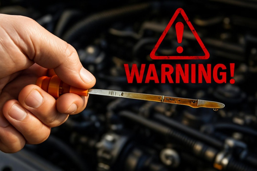 Close-up of oil dipstick showing oil level, highlighting vehicle maintenance importance.