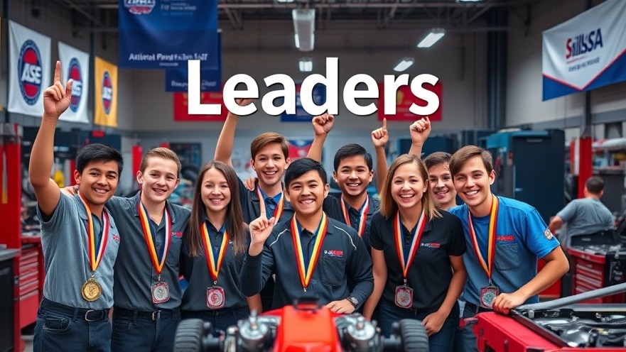 Young automotive students celebrate their SkillsUSA victory in a vibrant workshop.