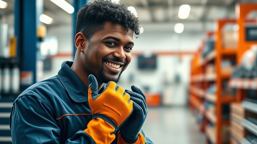 Confident automotive technician smiling in a bright, organized shop, promoting technician burnout prevention.