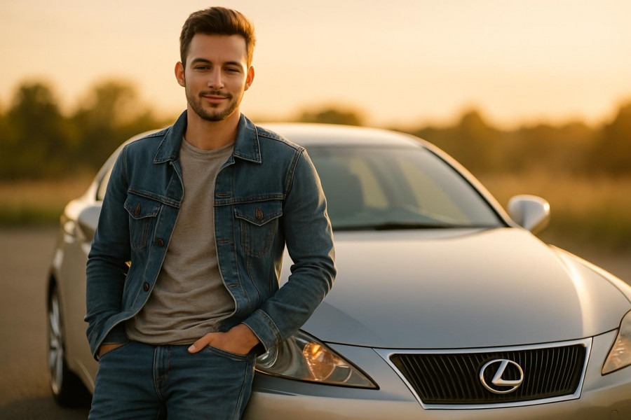 Confident young man beside a pristine silver used Lexus IS250 at golden hour.
