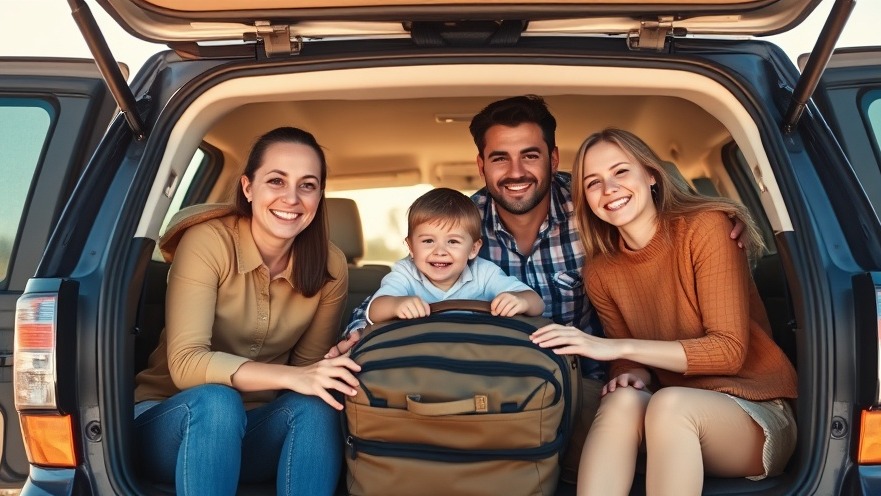 Family preparing for a road trip in an SUV, embodying seasonal vehicle maintenance.