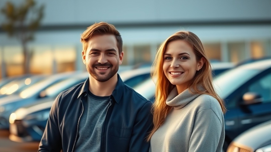 Confident young couple smiles while inspecting budget-friendly cars at a dealership.