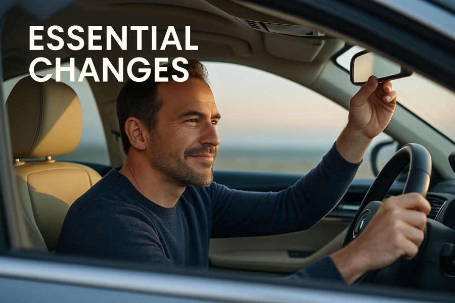 Confident driver adjusting rearview mirror, embodying vehicle safety protocols.