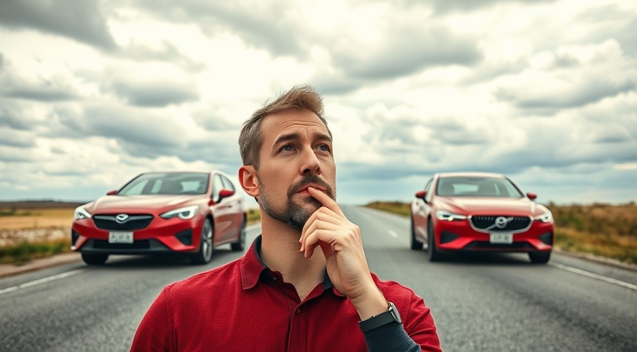 Thoughtful man comparing hybrid cars and gas vehicles on an open road.