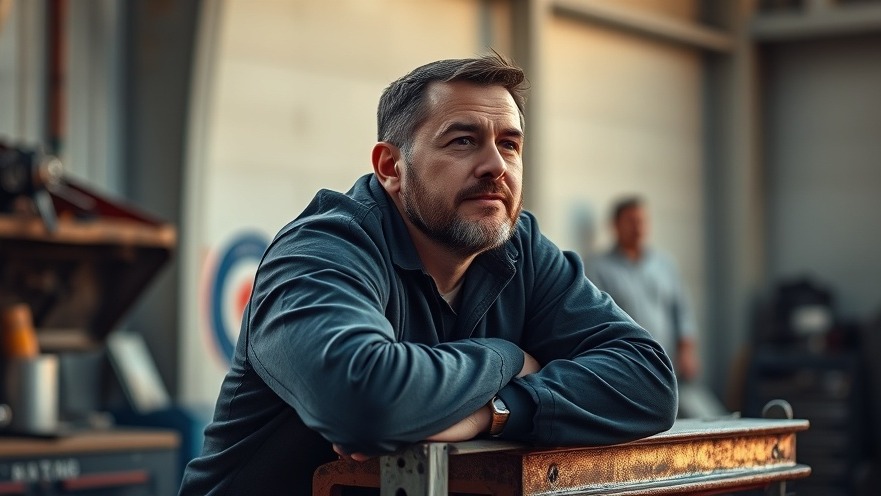 Contemplative auto repair shop owner pondering business growth in a warm cinematic glow.