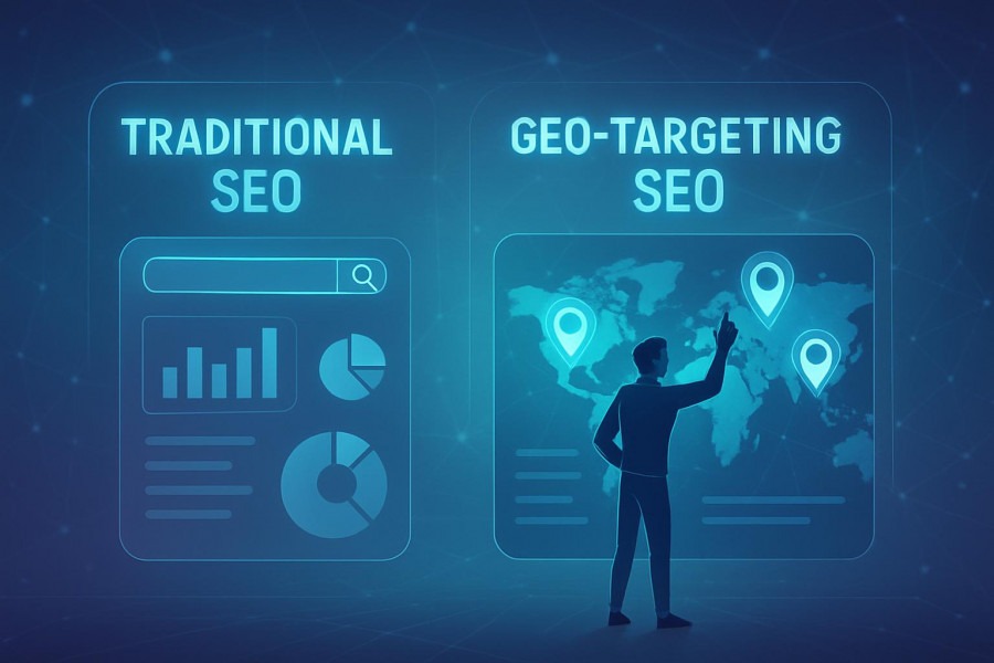 Infographic on local SEO vs geo-targeting, featuring maps and digital elements.