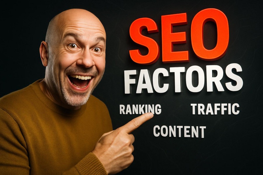 Cheerful bald man highlighting SEO strategies against a dynamic digital background.