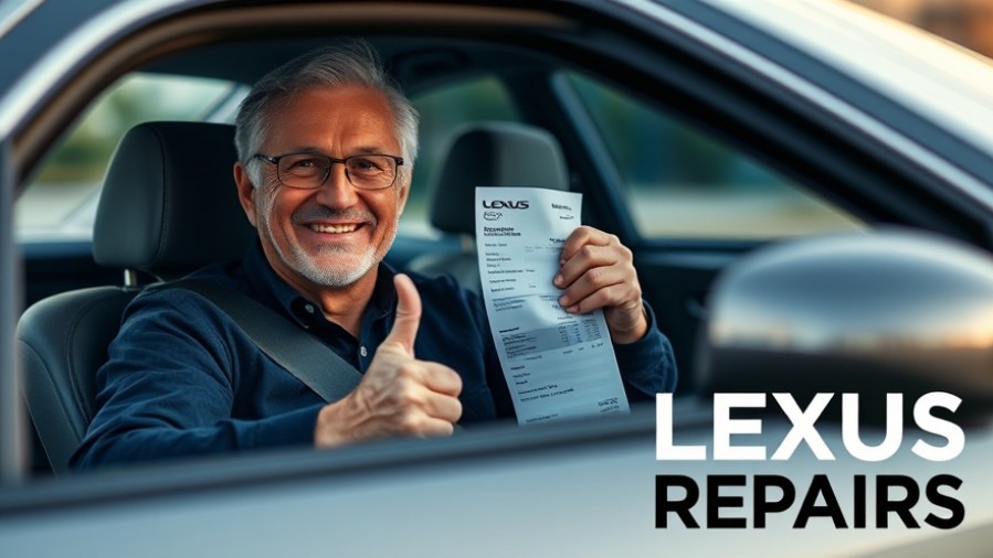 Mature driver smiling beside a used Lexus ES 350, confident with repair bill in soft daylight.