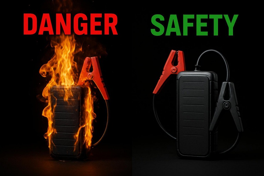 Dramatic contrast of jump starters highlighting car battery safety and dangers.