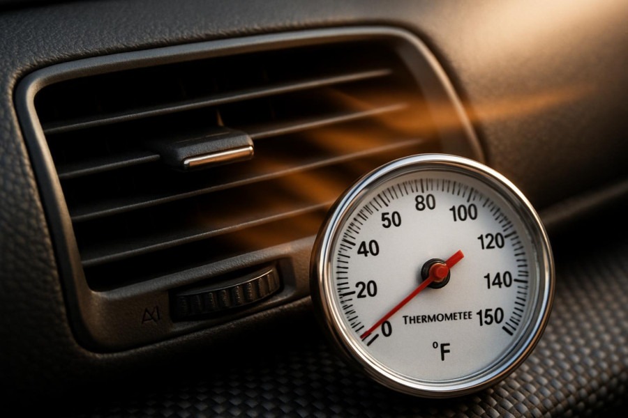 Close-up of car AC vent showing warm air, highlighting diagnosing car AC issues.