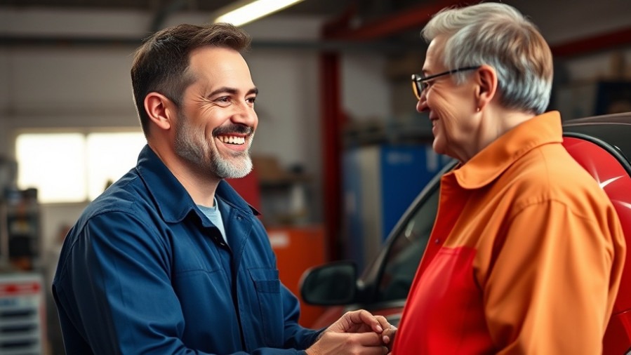 Confident mechanic greets smiling customer, showcasing customer loyalty in auto repair.