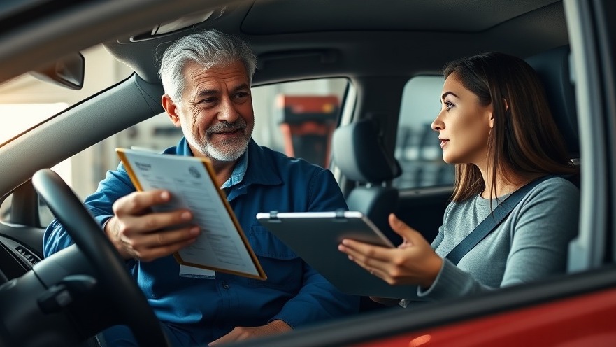 Mechanic explains car maintenance to engaged female driver in modern car.