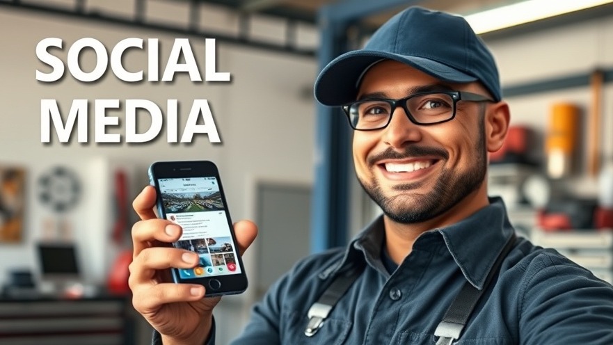 Smiling auto repair shop owner showcasing social media app, fostering customer relationships.